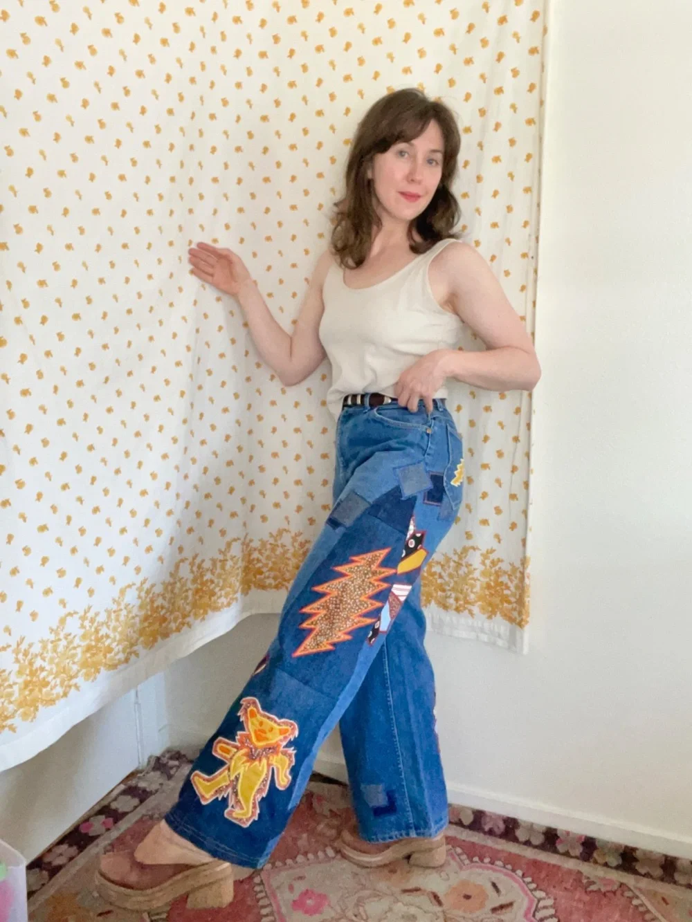 Vintage Lee Upcycled Patchwork Jeans 12P OOAK 70s Hippie Wide Leg - Picture 12 of 12